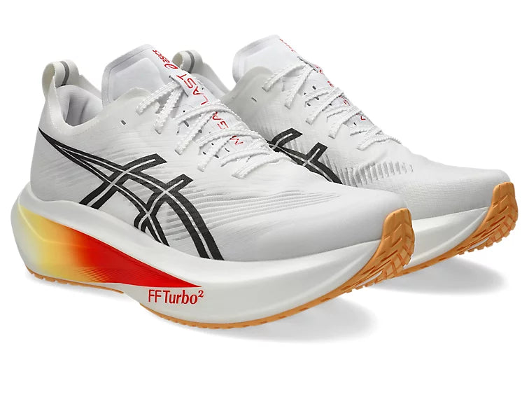 White running shoes with black and red accents on a white background