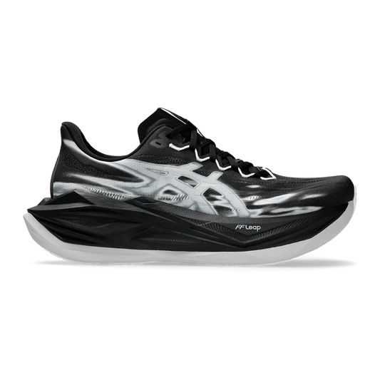 Black and gray running shoe with 'ASICS' branding on a white background