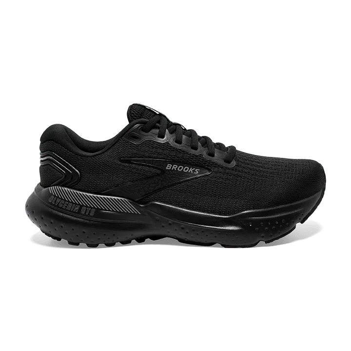 Black running shoe with 'Brooks' branding on a white background