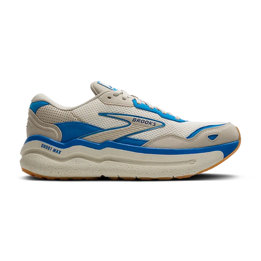 Brooks Men's Ghost Max SE Sneakers of ivory sole with ivory upper and electric blue details in leather and suede