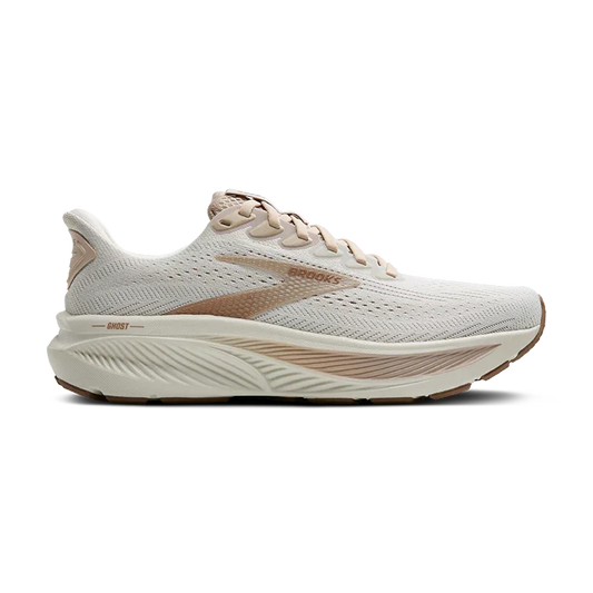 Lateral side view of women's white and cream colored Brooks Ghost 17 running shoe with brown sole