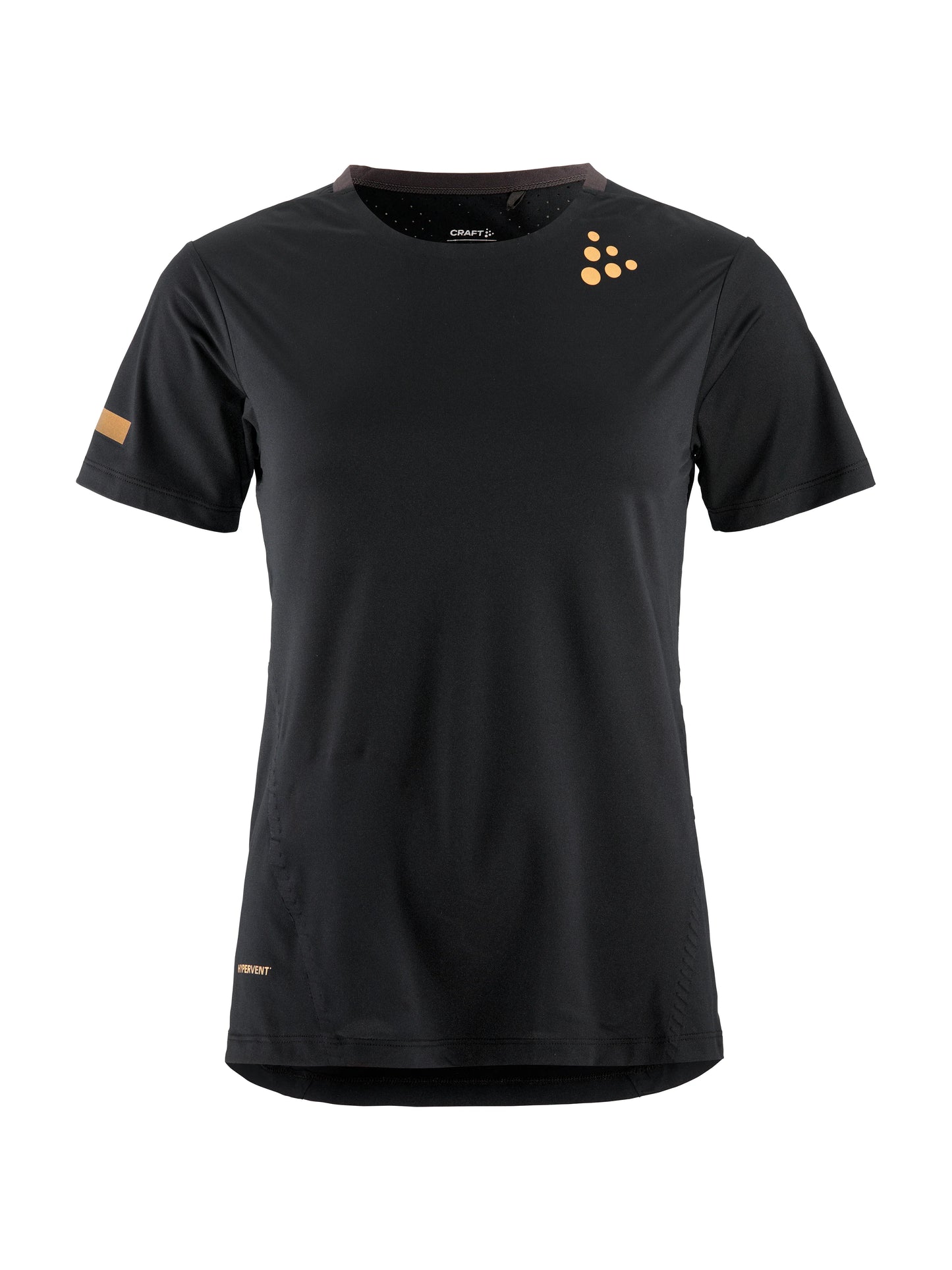 Front view of Black Craft Hypervent Tee 2 with light yellow logo and detail on right sleeve