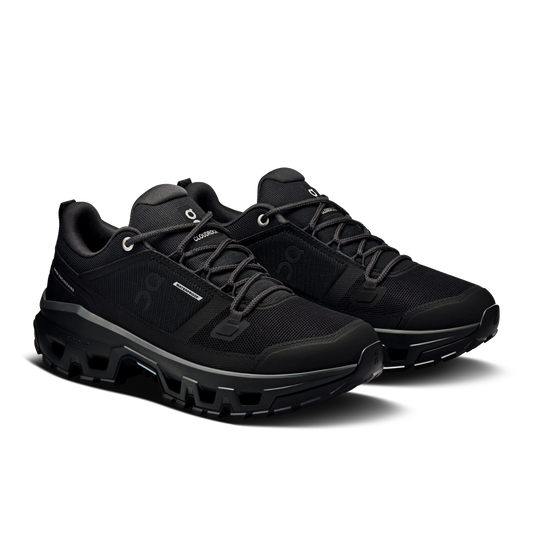 On Men's Cloudrock Low Waterproof Trail Shoes diagonal view of all black pair