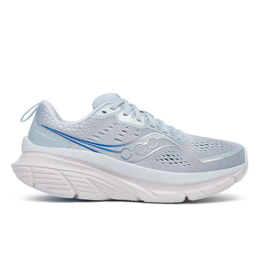 Lateral side view of Women's Light blue Saucony Guide 18 with white sole and silver detailing