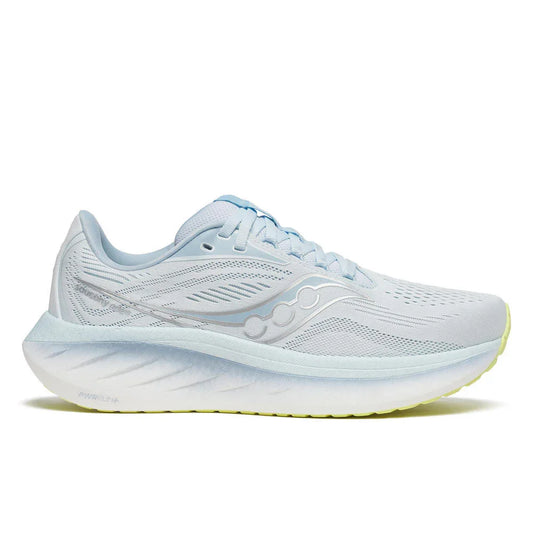 Lateral view of light blue Women's Saucony Ride 18 with silver accents and neon yellow sole