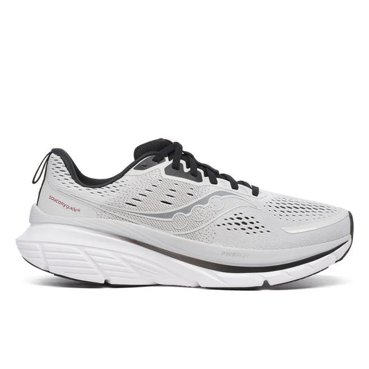 Side profile of gray shoe with white sole on white background