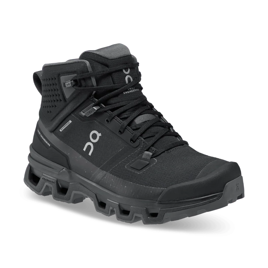 Black hiking boot with brand logo on a white background