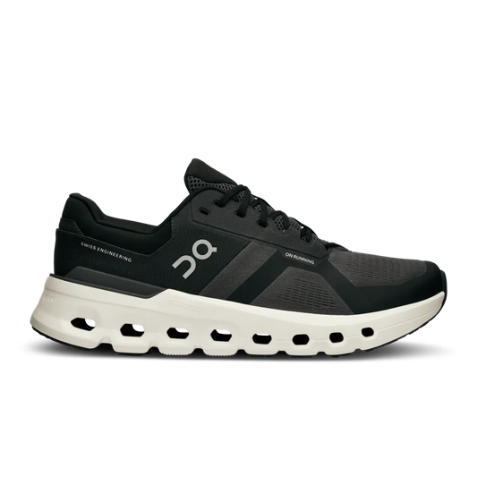 Men's Cloudrunner 2 side profile of black upper with white sole shoe