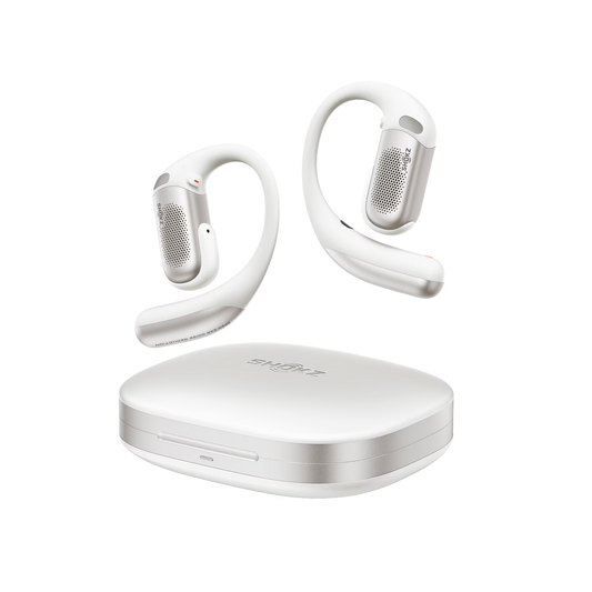 White wireless earbuds with charging case on a white background