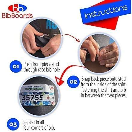 Instructions: 1) Push front piece stud through race bib hole, 2) Snap back piece onto stud from the inside of the shirt, fastening the shirt and bib in between the two pieces, 3) Repeat in all four corners of bib