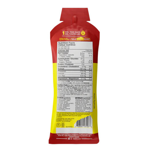 Back view of a red and yellow snack package with nutritional information on a white background