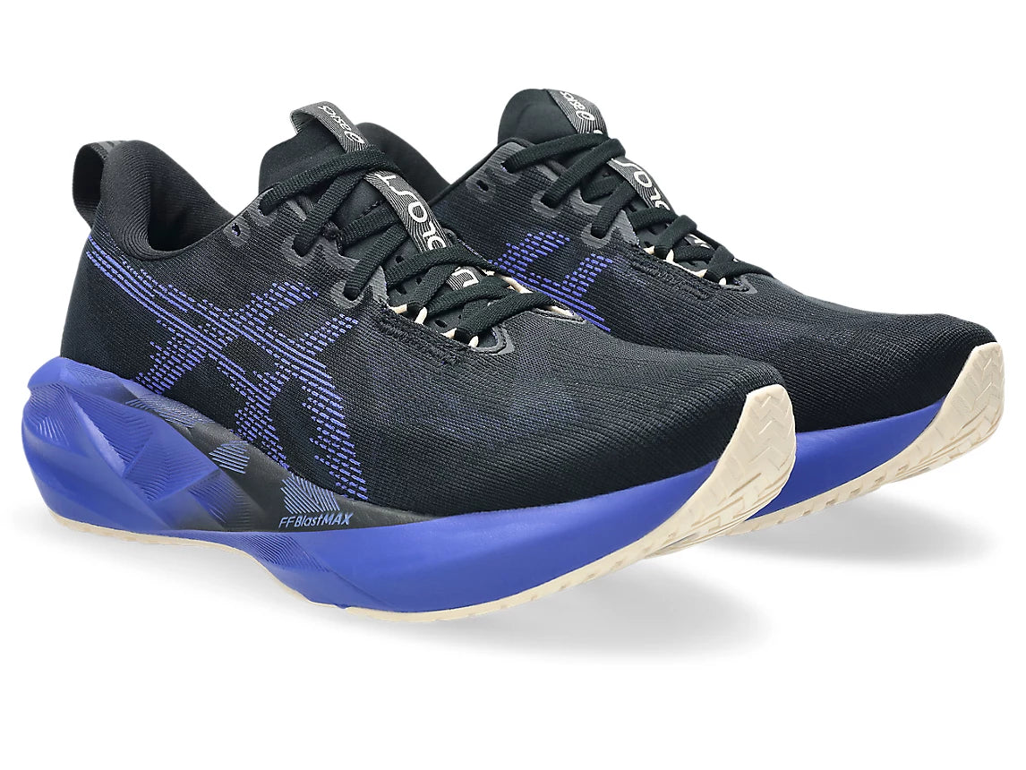 Black and blue running shoes with 'Asics' branding on a white background