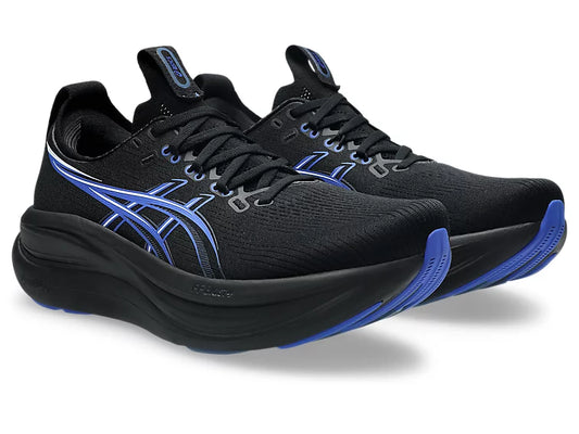 Black running shoes with blue accents on a white background