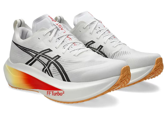 White running shoes with black and red accents on a white background