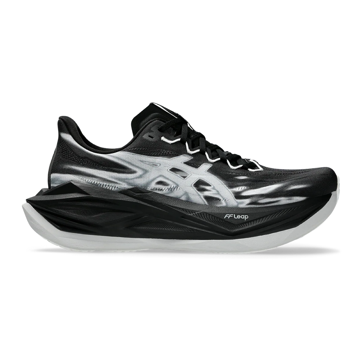Black and gray running shoe with 'ASICS' branding on a white background