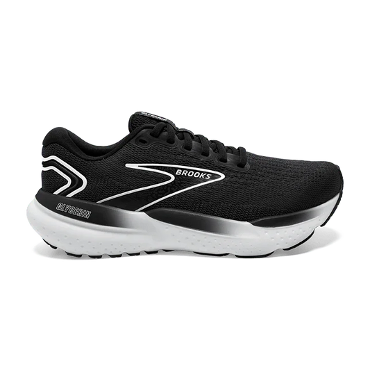Black running shoe with white accents on a white background