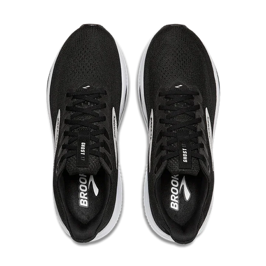 Brooks Men's Ghost 17 Running Shoes overhead angle of black upper with white sole