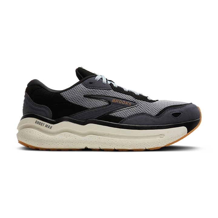 Brooks Men's Ghost Max SE Sneakers side profile of ivory sole and black and grey upper with leather and suede details