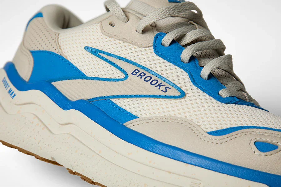 Brooks Men's Ghost Max SE Sneakers closeup shot of the ivory Brooks logo