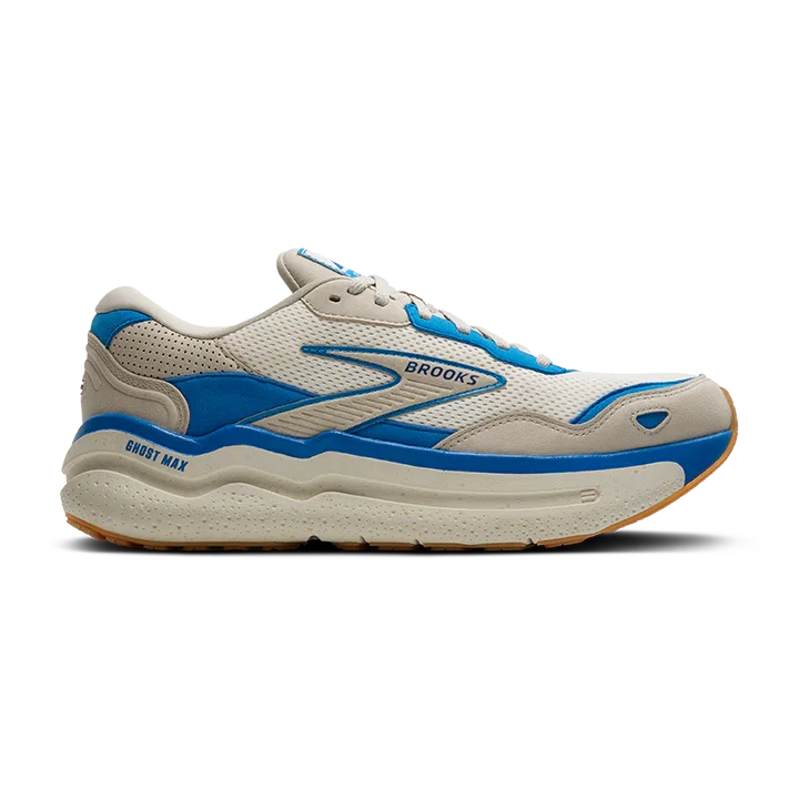 Brooks Men's Ghost Max SE Sneakers of ivory sole with ivory upper and electric blue details in leather and suede