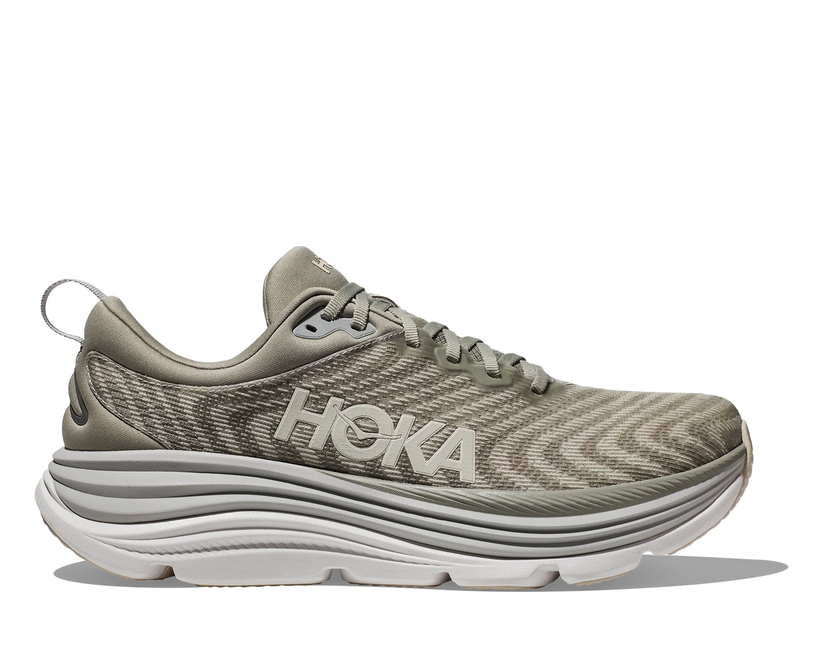 HOKA Men's Gaviota 5 Running Shoes side profile of gray upper with white sole