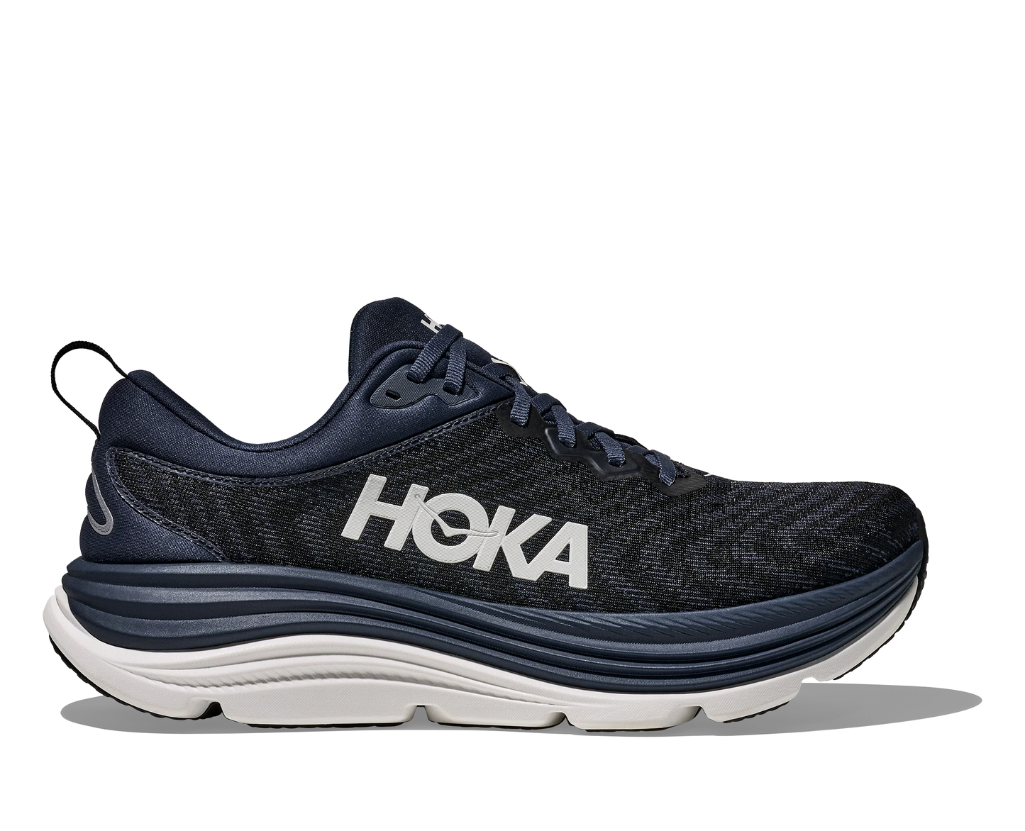 HOKA Men's Gaviota 5 Running Shoes side profile of navy upper with white sole