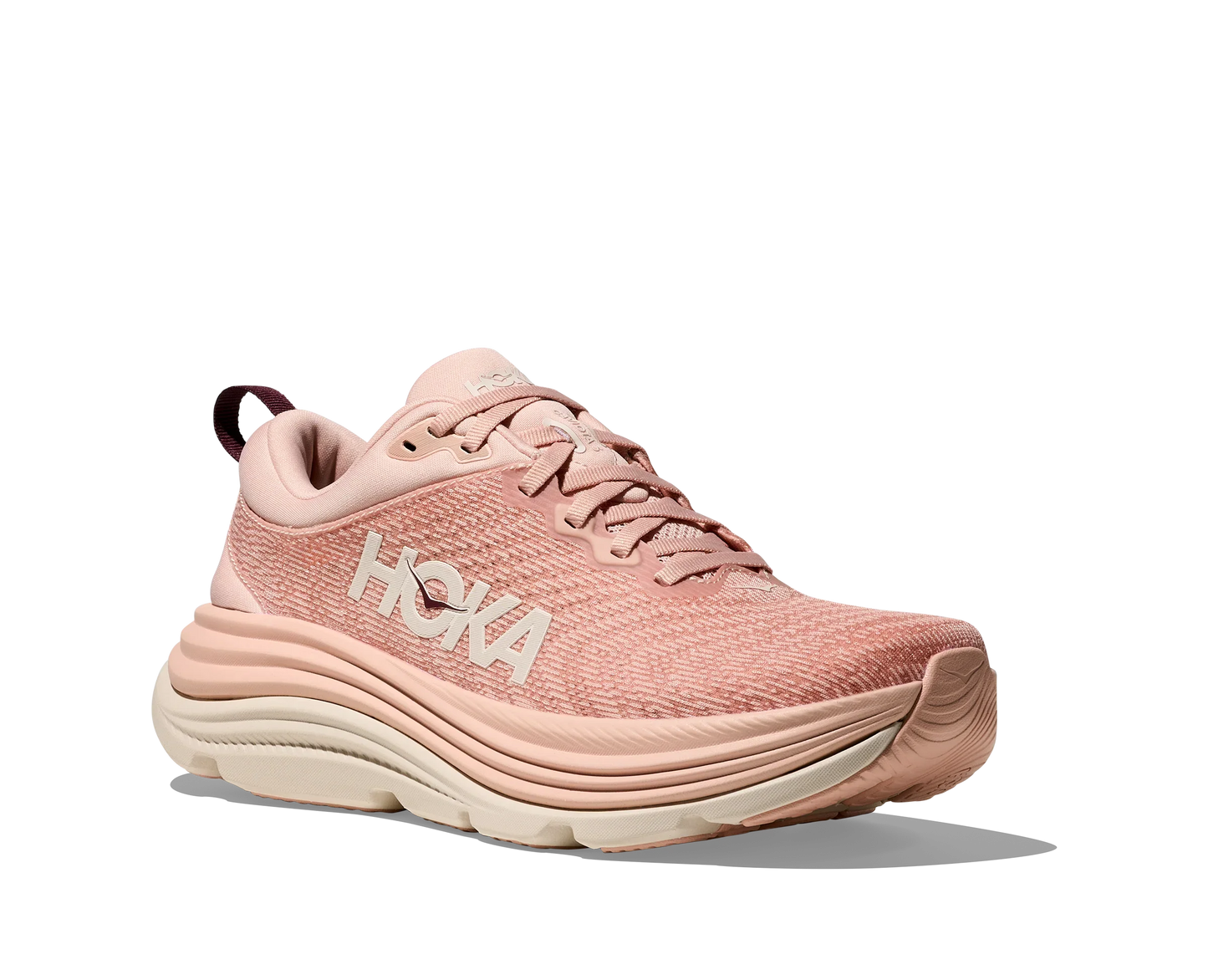 Angled lateral side view of Women's soft pink Hoka Gaviota 5 with burgundy detailing