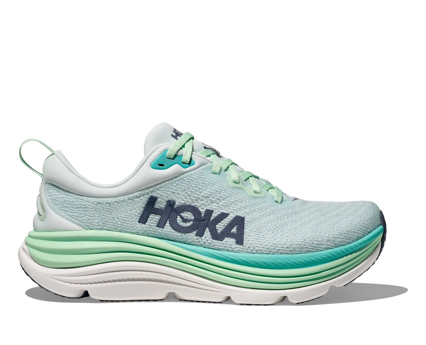 lateral side view of Women's light teal Hoka Gaviota 5 with teal and mint green midsole