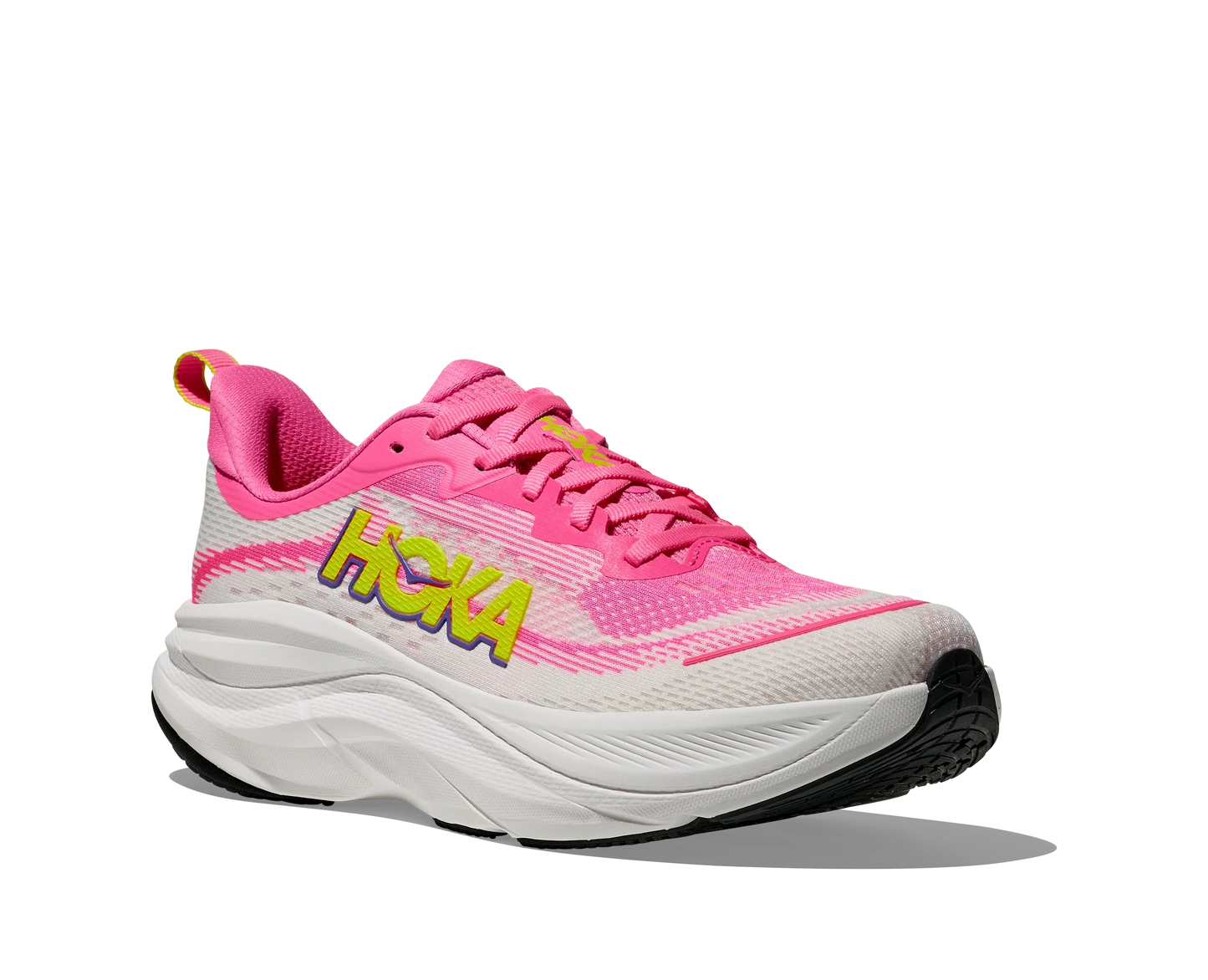 Angled view of Pink and white Women's Hoka Skyflow running shoe with yellow accents