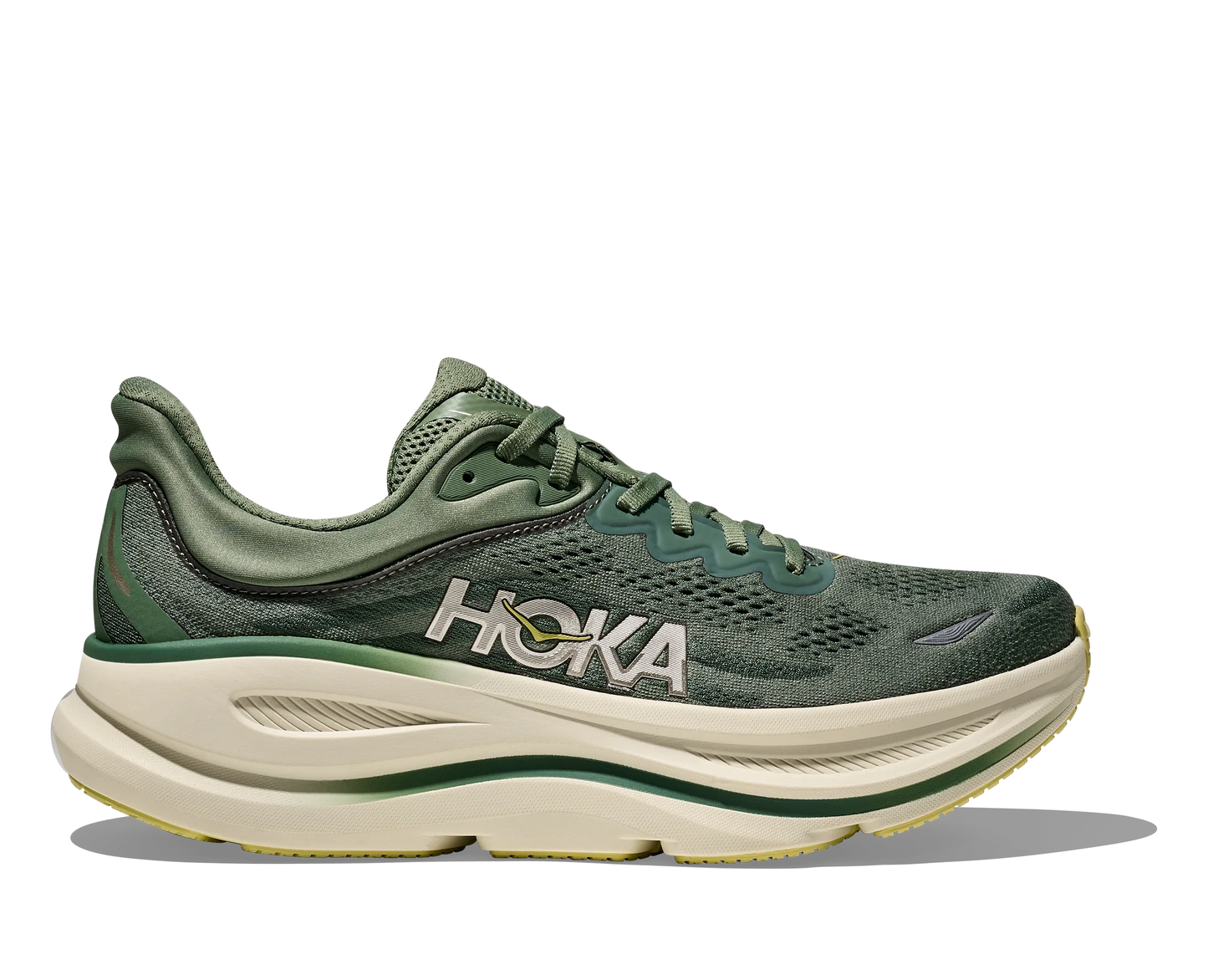 Green HOKA Men's Bondi 9 Running Shoes with silver logo and dark green accents