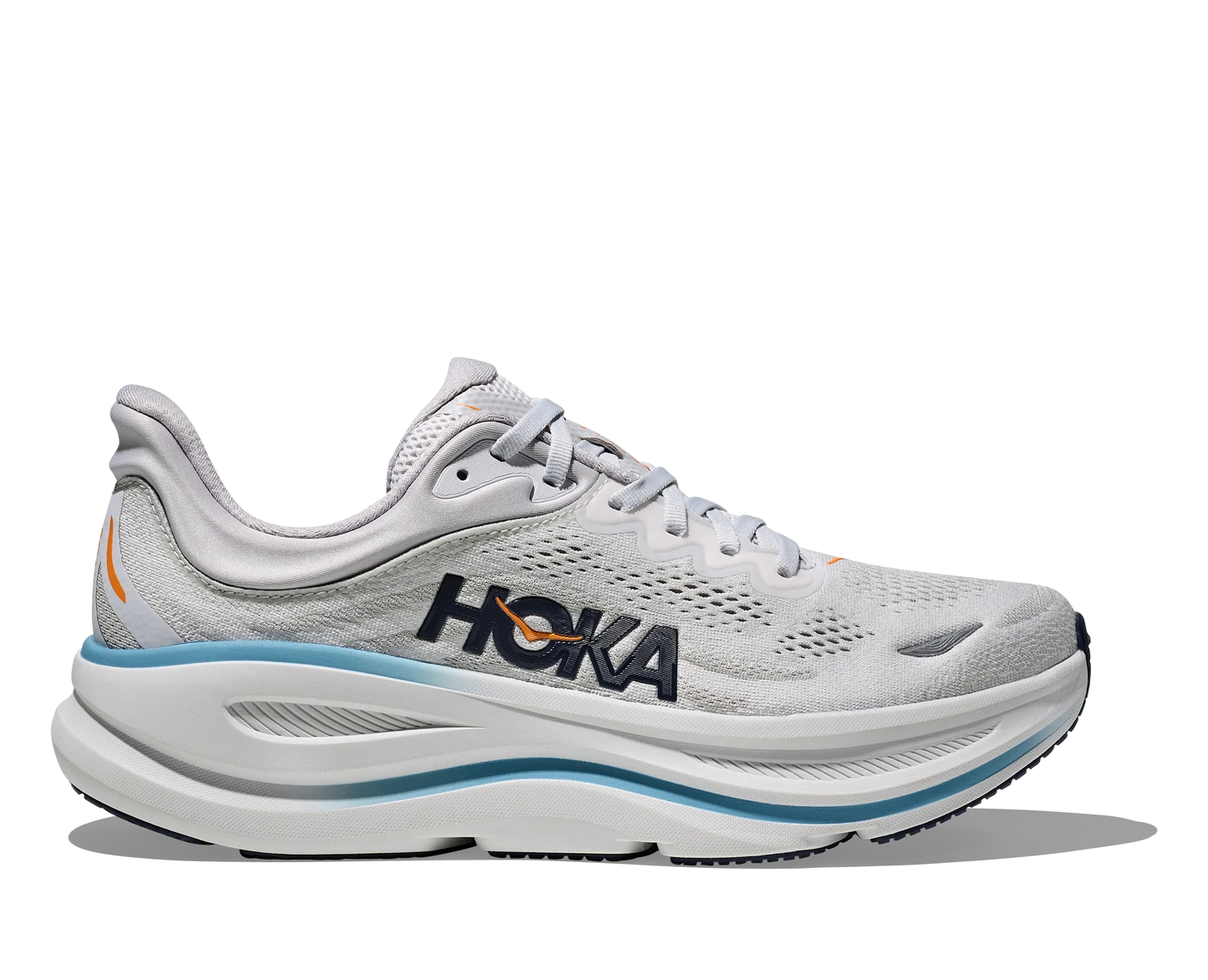 White HOKA Men's Bondi 9 Running Shoes with light blue and orange detailing side view