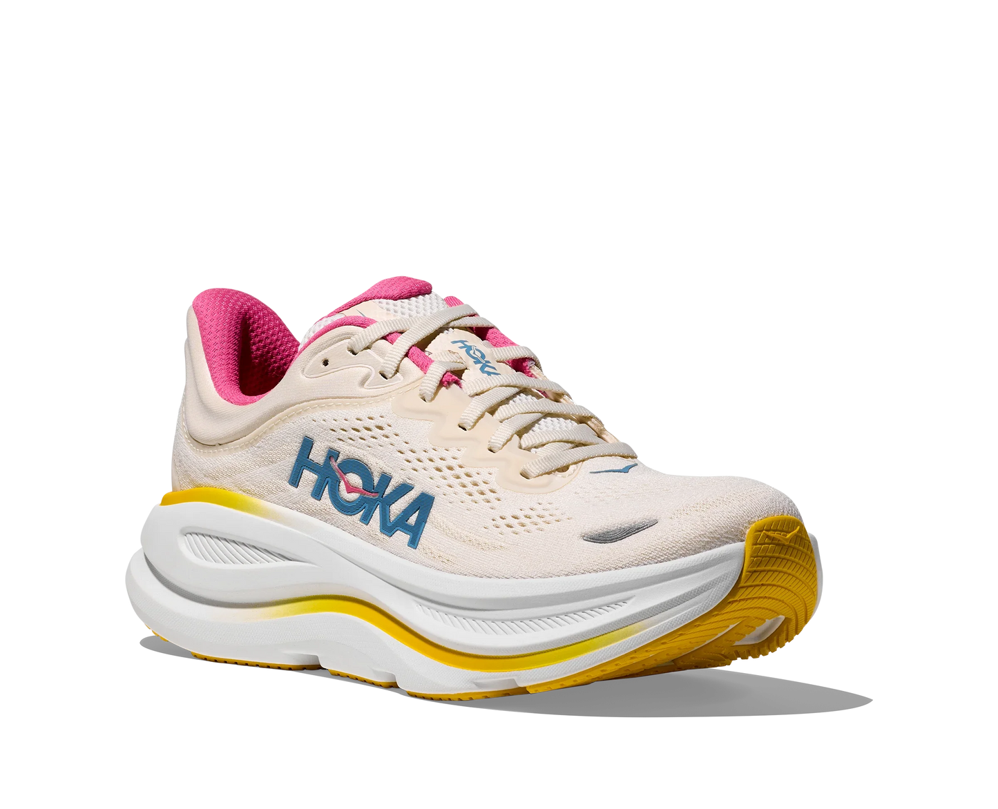 Angled lateral view of women's light yellow Hoka Bondi 9 with yellow and white sole and bright pink accents and
