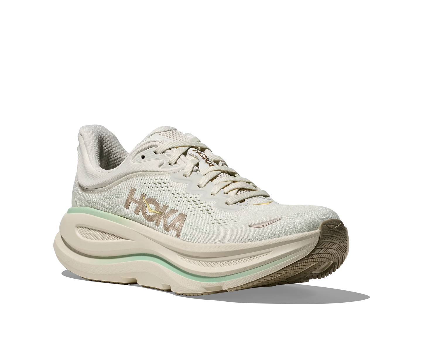 Angled lateral view of women's light gray green Hoka Bondi 9 with off white midsole and mint green accents