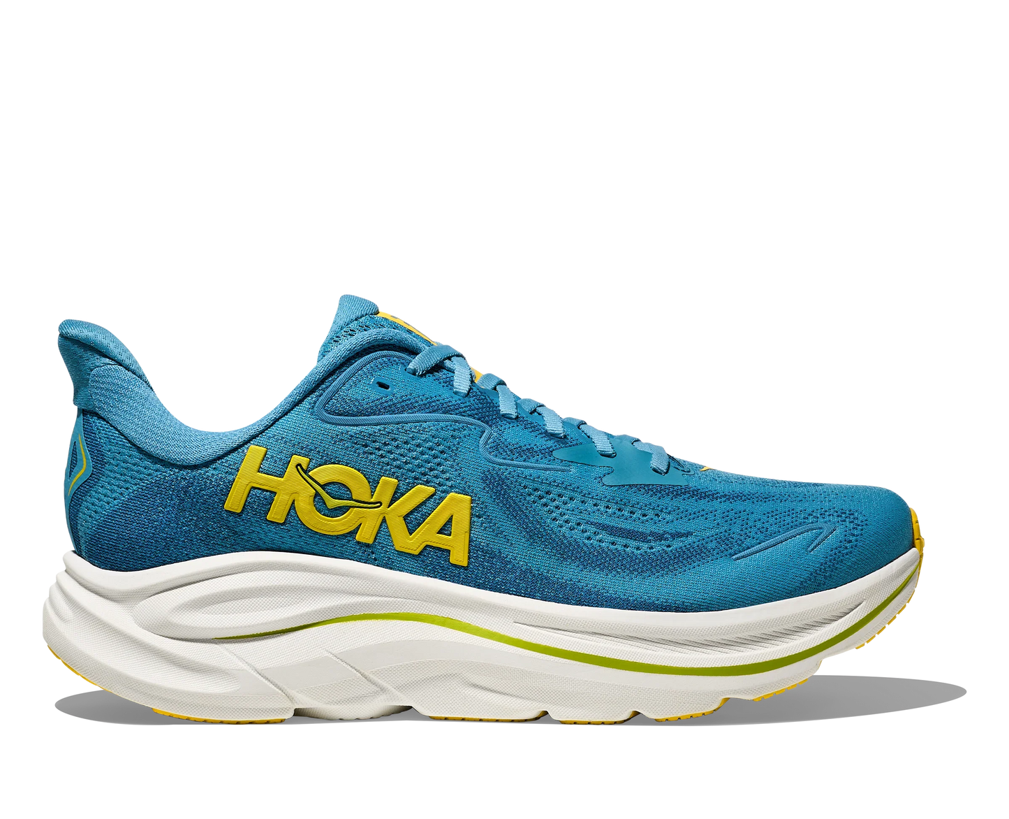 Side view of Blue HOKA Men's Clifton 10 Running Shoes with yellow logo