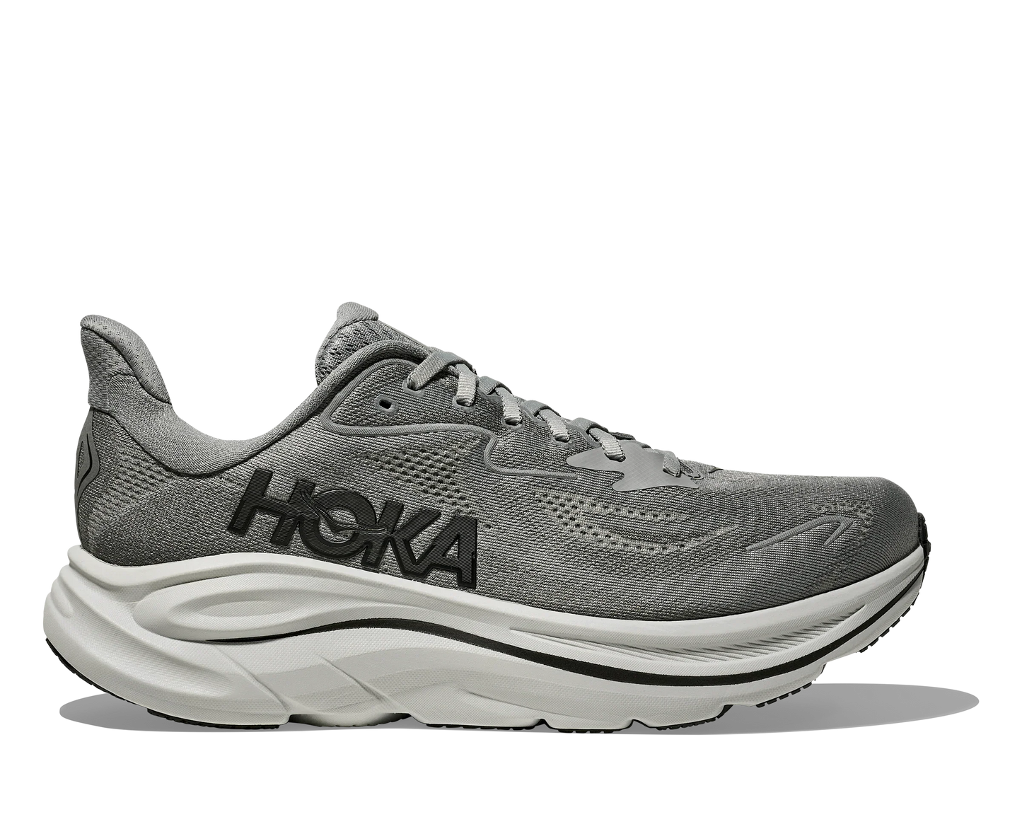 Side view of Gray HOKA Men's Clifton 10 Running Shoes with white sole