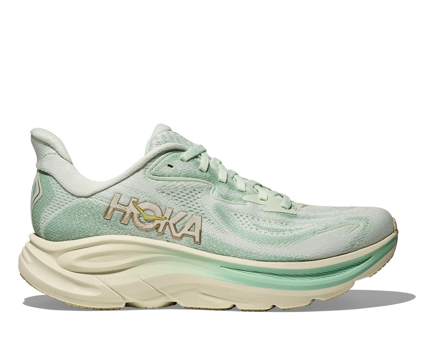 Lateral side view of women's mint green Hoka Clifton 10 with off white sole and silver accents