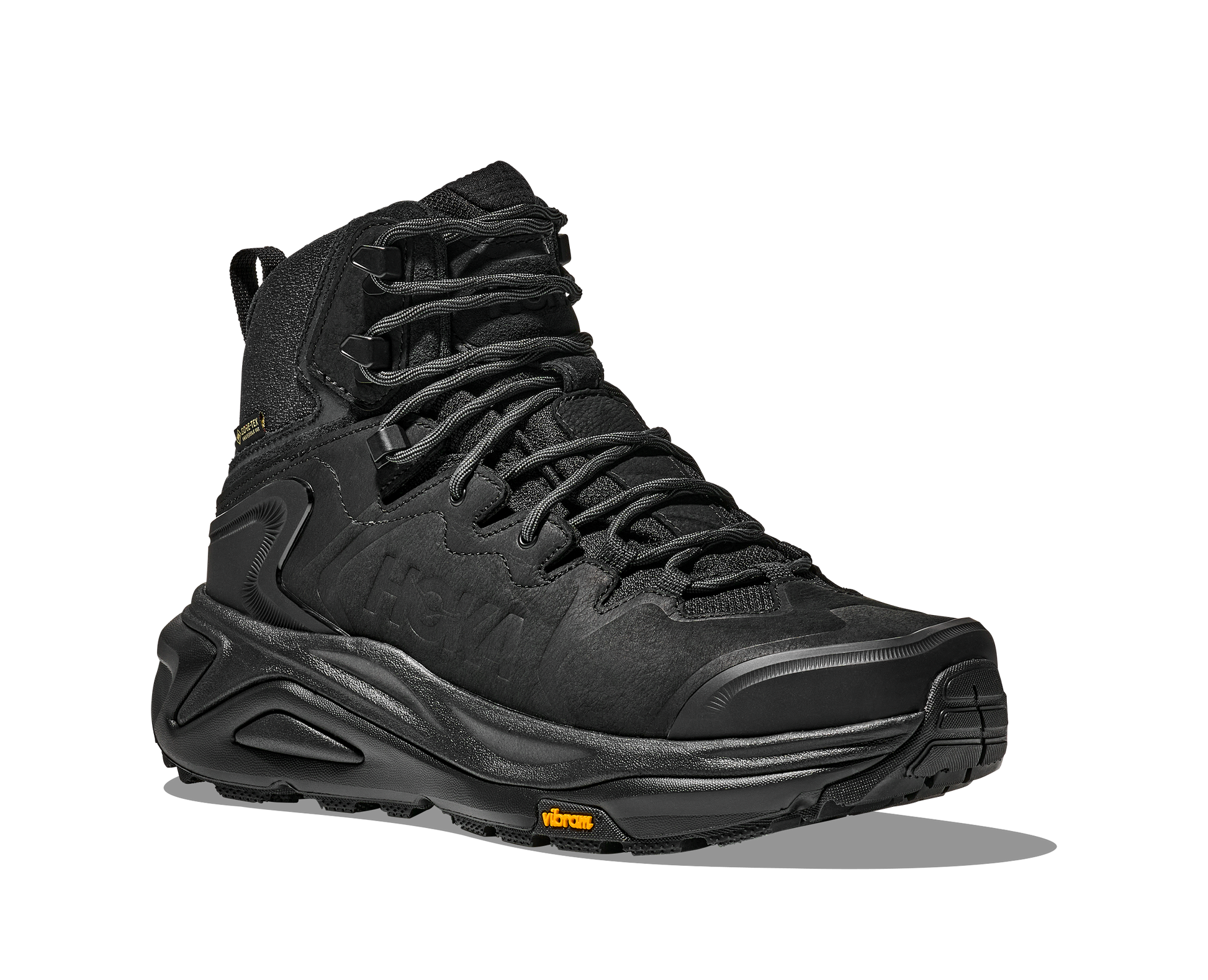Black hiking boot with brand logo on a white background