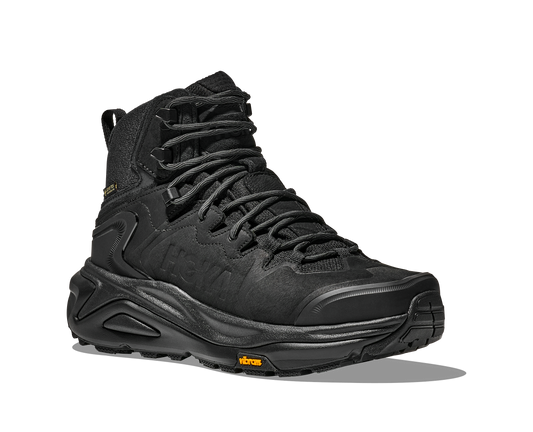 Black hiking boot with brand logo on a white background