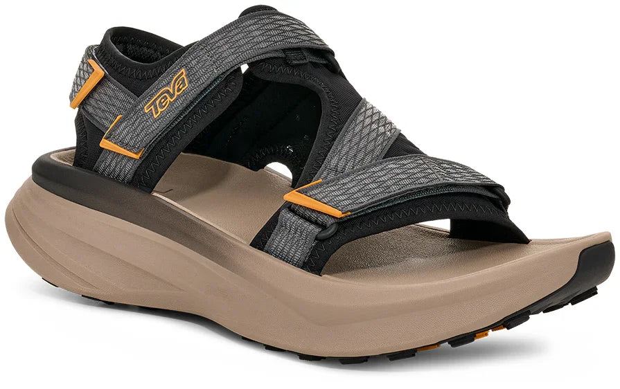 Gray and black Teva Men's Aventrail R2T Sandals with orange accents and tan sole on a white background