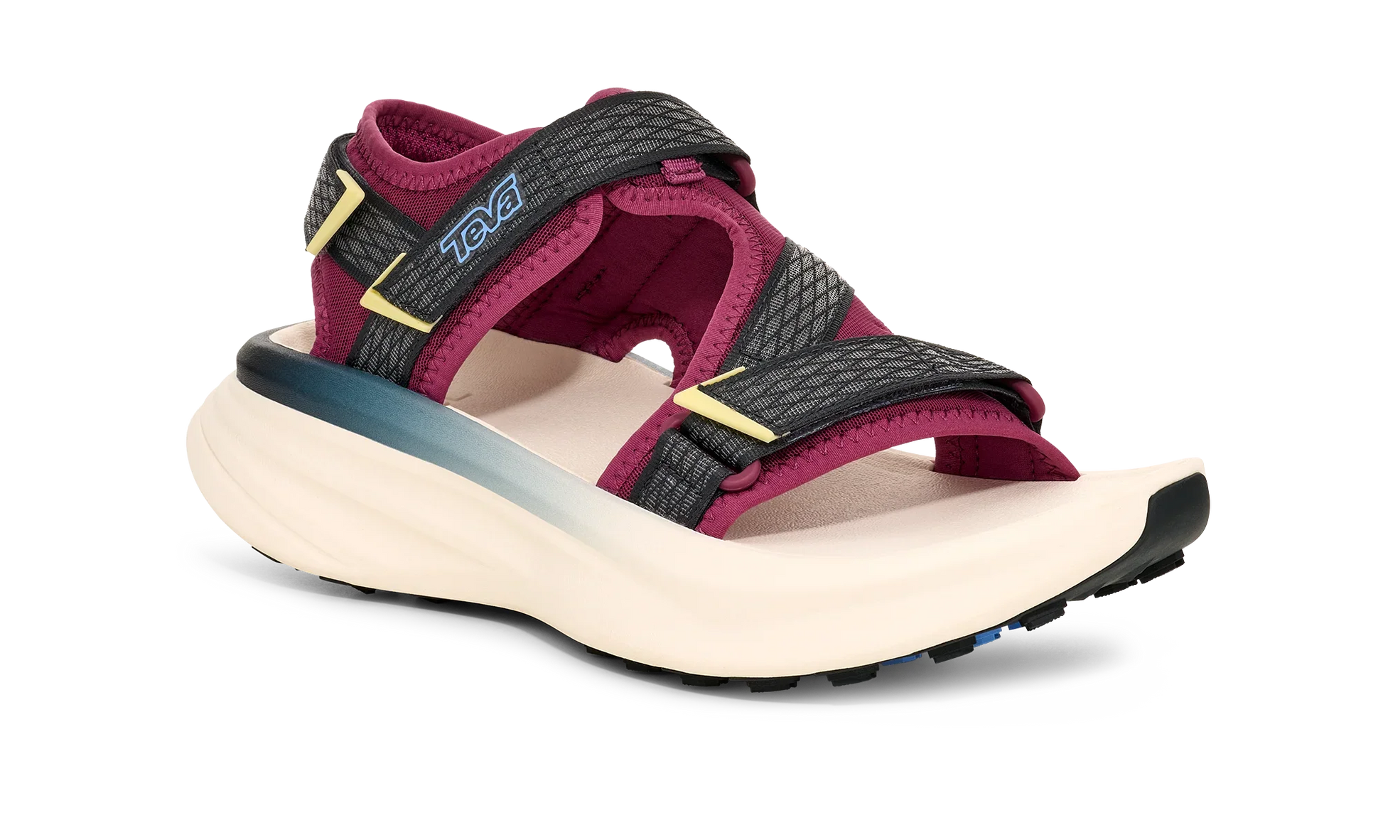 Angled Lateral view of women's off white Teva Aventrail R2T Sandal with burgundy and black straps