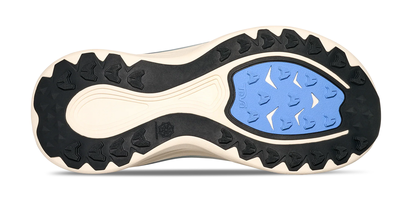 Bottom view of sandal sole from women's off white Teva Aventrail R2T with black and light blue trail rubber