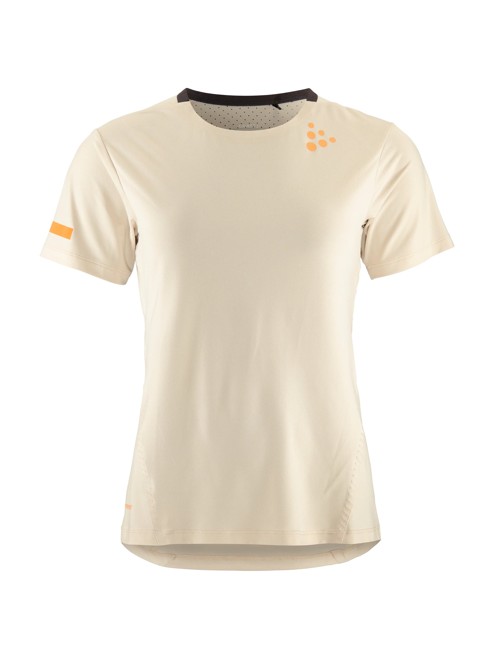 Front view of beige Craft Pro Hypervent Tee 2 with light orange logo and detail on right sleeve