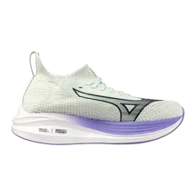 Lateral side of Women's light green Neo Zen running shoe with purple accents by Mizuno