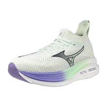 Angled lateral view of Women's light green Neo Zen Running shoes with purple accents by Mizuno