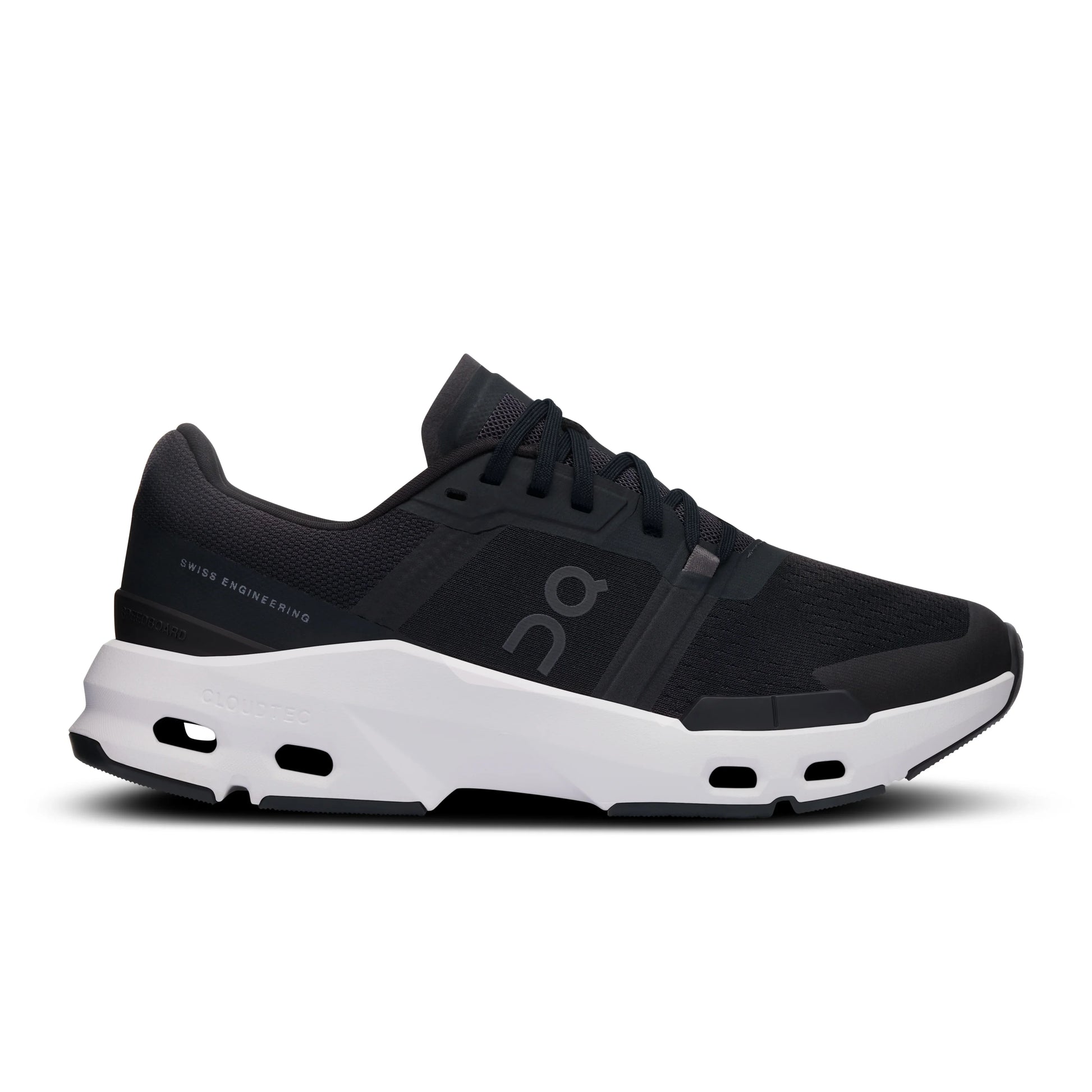 Lateral side view of Women's black On Cloudpulse shoe with white sole