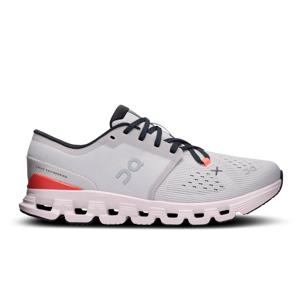 Lateral side view of Women's light gray On Cloud X 4 with coral detailing and light pink sole