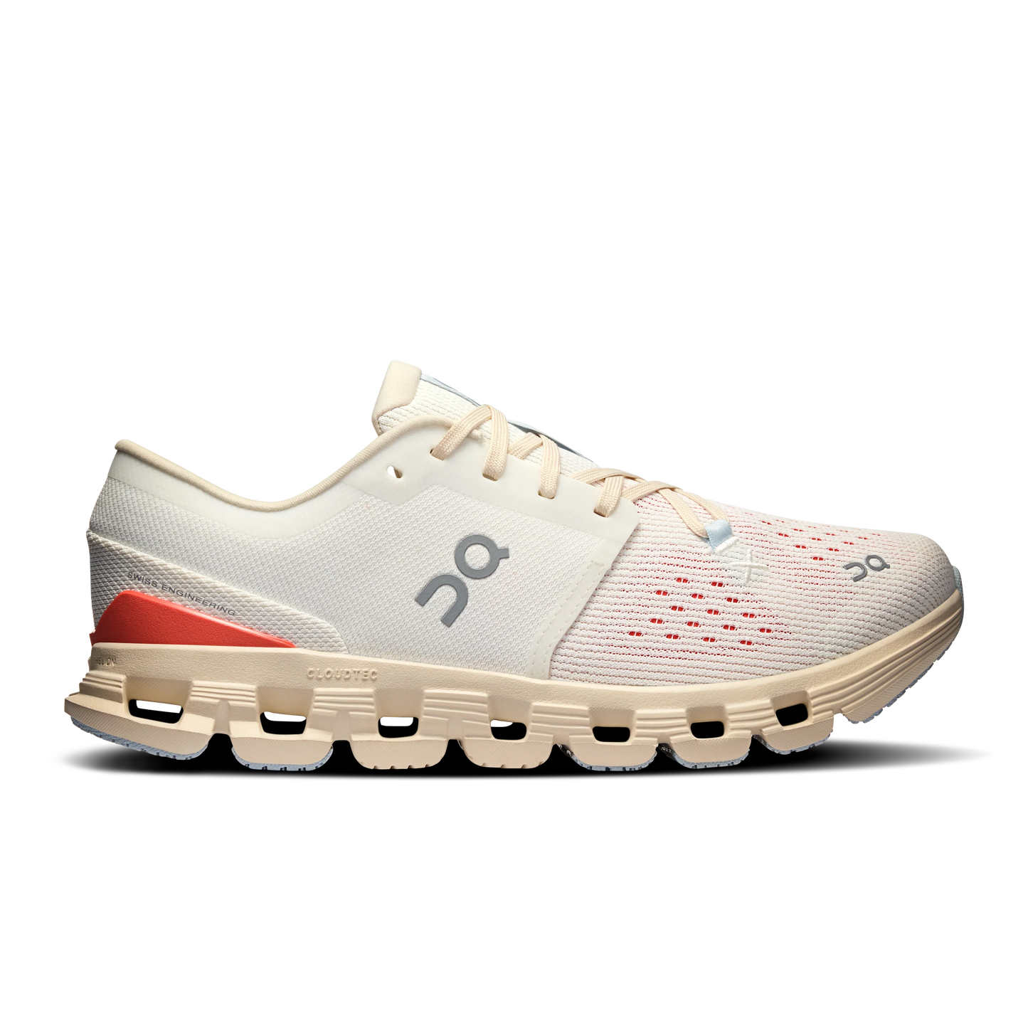 Lateral side view of Women's white On Cloud X 4 with light yellow detailing and coral accents