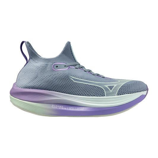 Lateral view of Women's green and purple Neo Vista running shoe by Mizuno