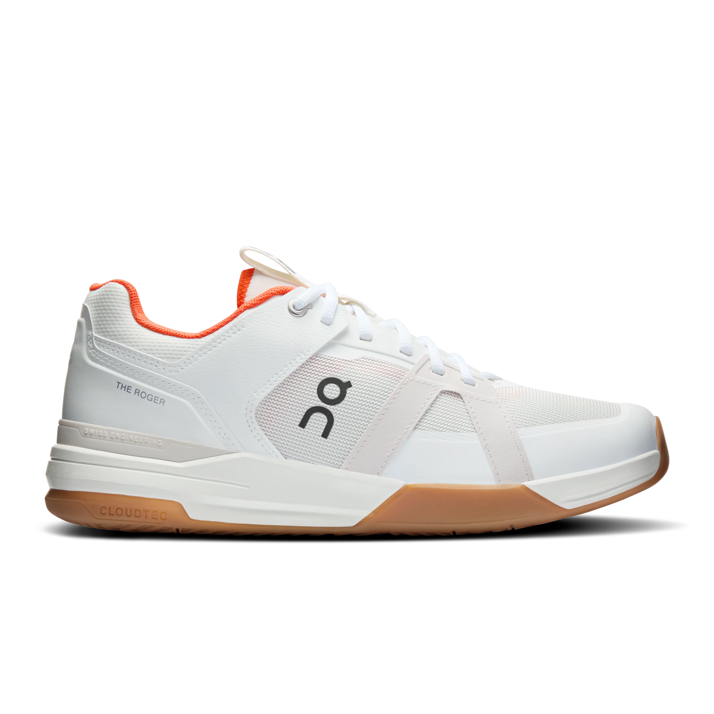 Side profile view of white with orange details tennis playing shoes