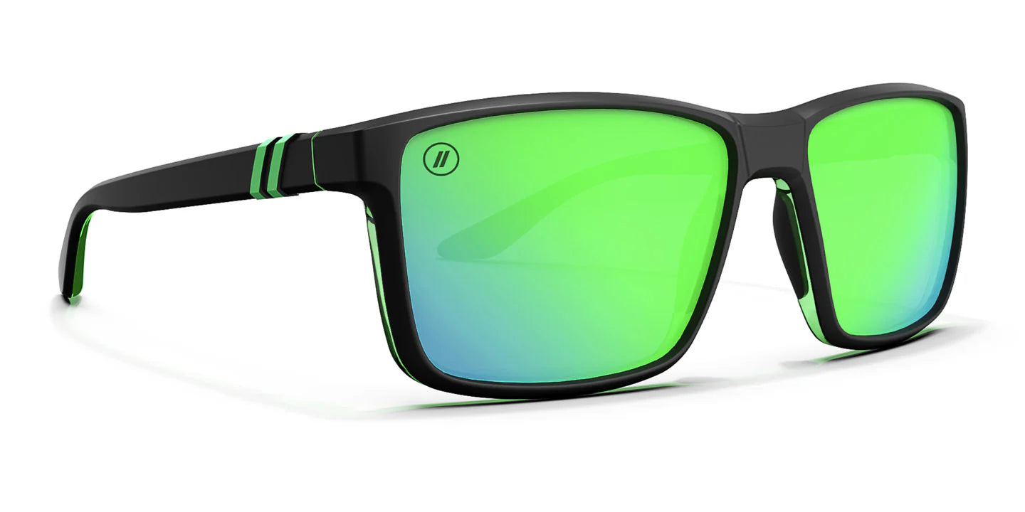 Blenders Sunglasses with green reflective lenses and black frame on a white background